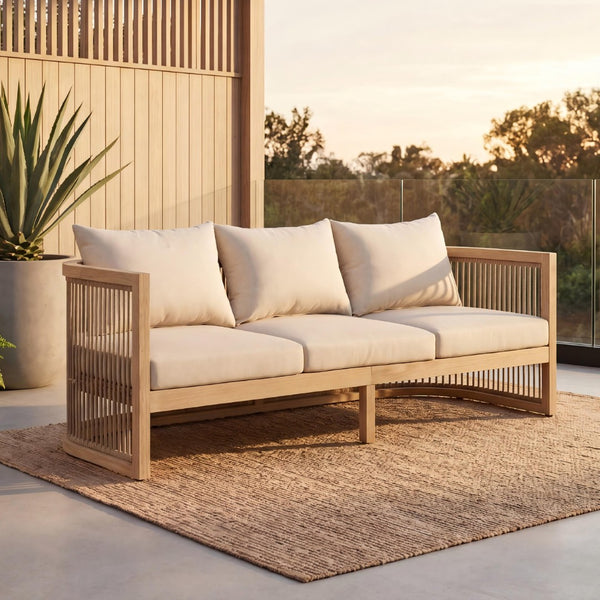 English Elm Outdoor Acacia Wood Sofa with Rope Weave Detail and Cushions for Patio or Deck N772P395551L