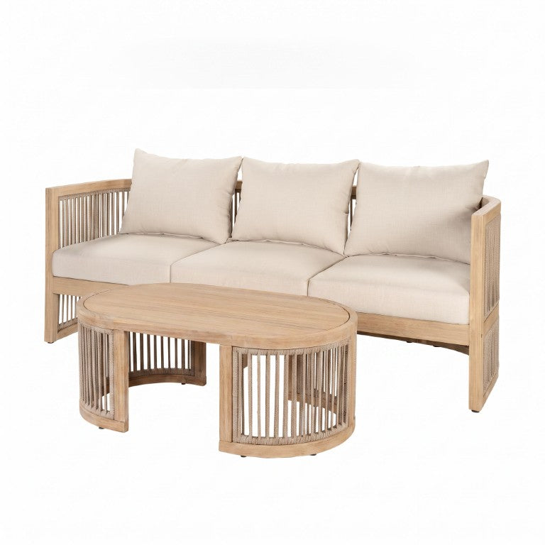 English Elm 2-Piece Outdoor Acacia Wood Rope Woven Sofa and Coffee Table Conversation Set for Patio N772P395551L_N772P246425L