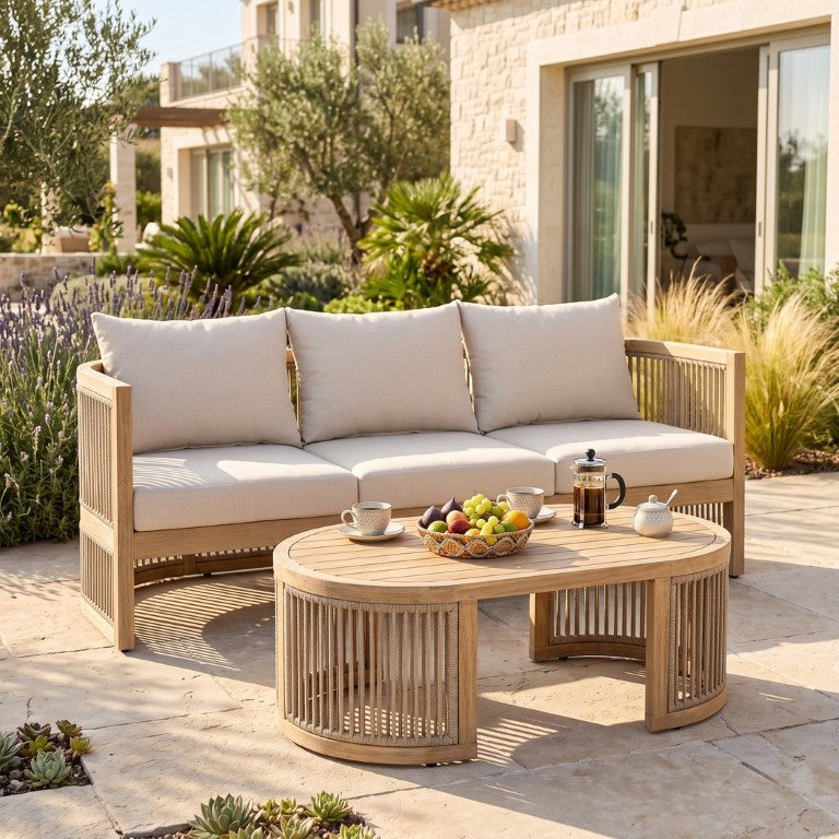 English Elm 2-Piece Outdoor Acacia Wood Rope Woven Sofa and Coffee Table Conversation Set for Patio N772P395551L_N772P246425L