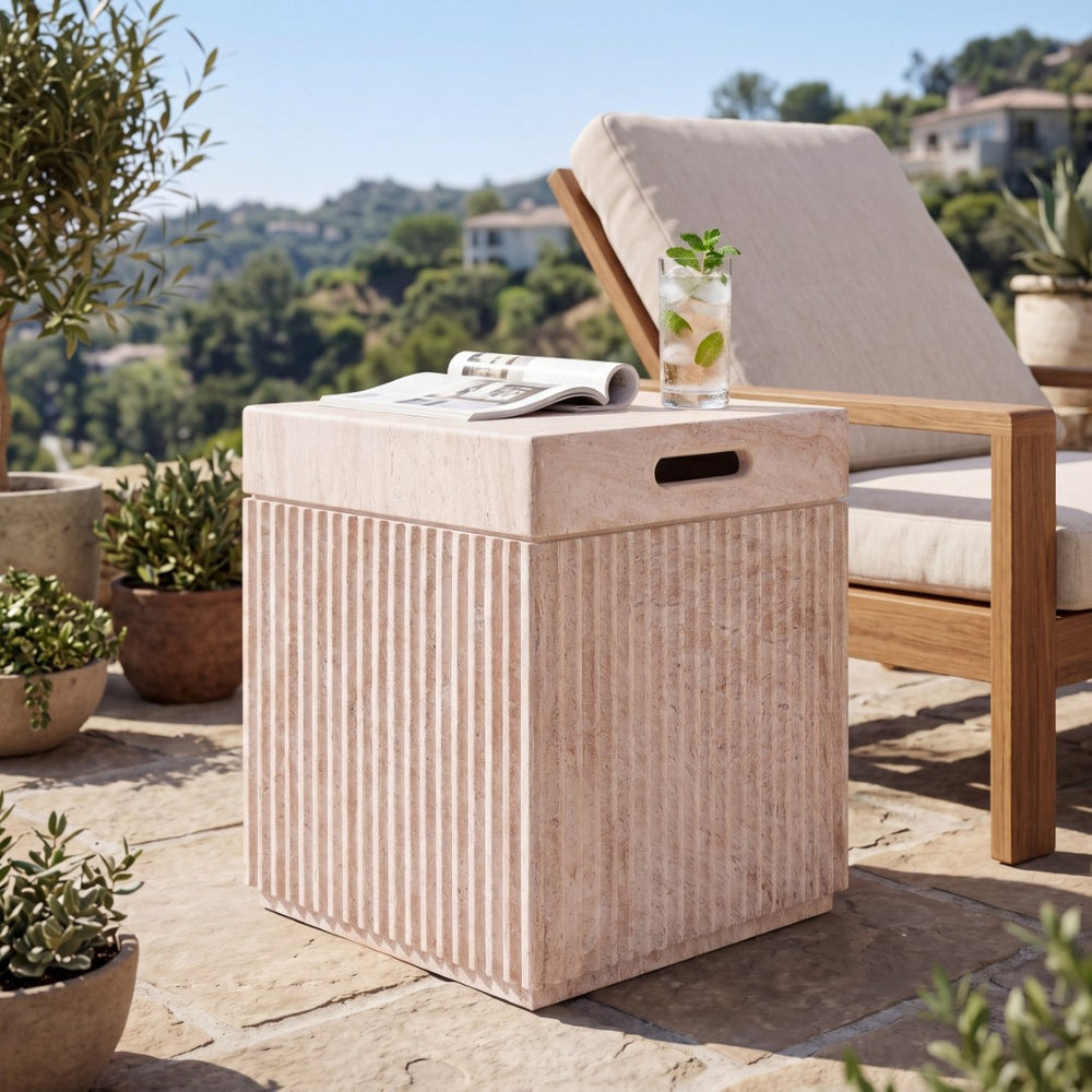 English Elm Mgo Fluted Travertine Effect Side Table Handcrafted Cylindrical Accent for Patio or Living Room N772P406690T