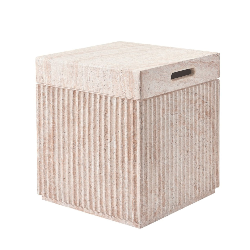English Elm Mgo Fluted Travertine Effect Side Table Handcrafted Cylindrical Accent for Patio or Living Room N772P406690T