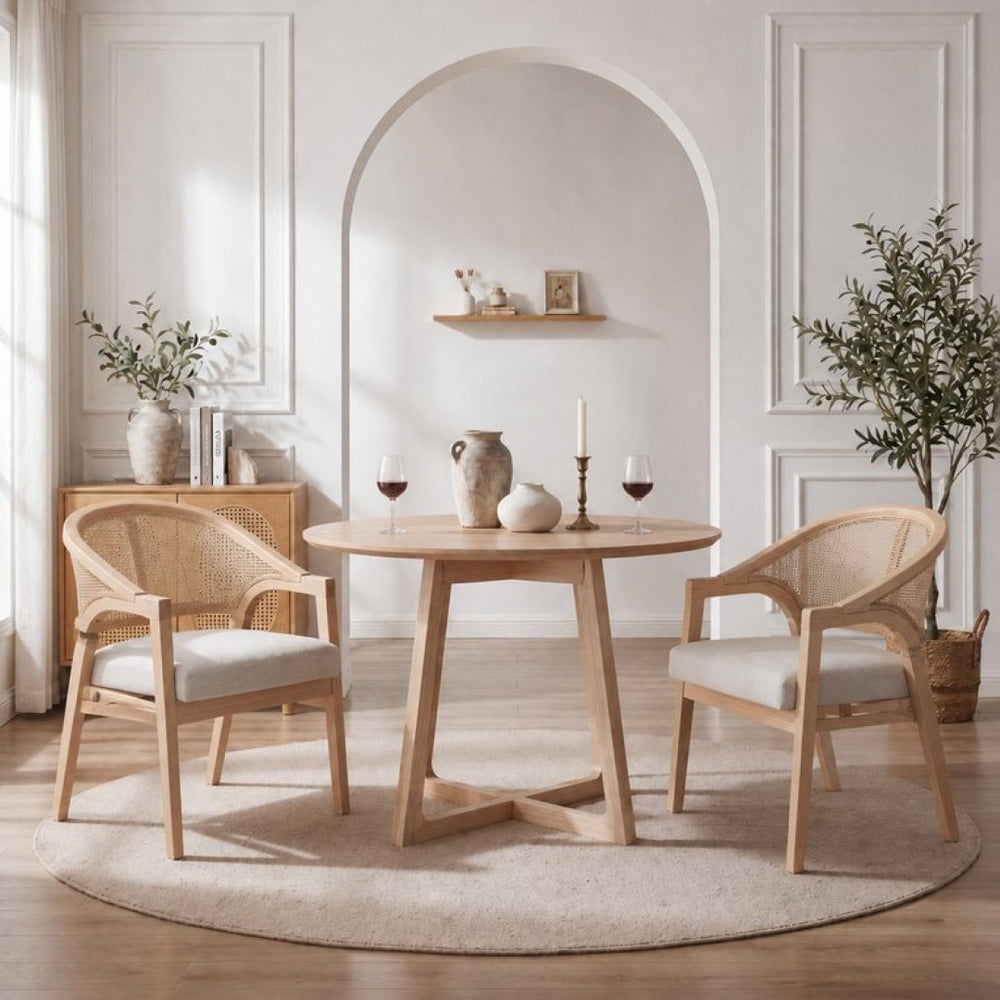 English Elm Modern Handwoven Rattan Arm Dining Chairs with Upholstered Seat Set of 2 Natural N772P439639N