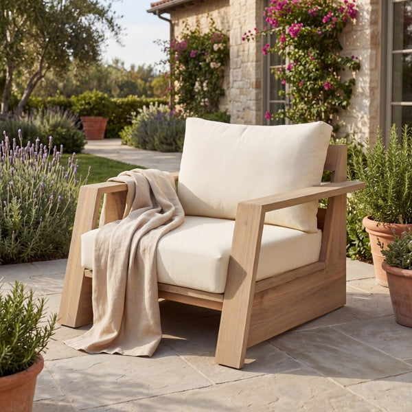 English Elm Outdoor Acacia Wood Club Chair Teak Finish with Thick Cream Cushions for Patio N772P442265L