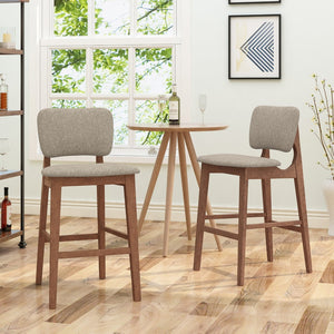 English Elm Bar Chairs Set of 2 Mid-Century Rubberwood Frame Tapered Legs Beige Upholstered Seat N772P443697B