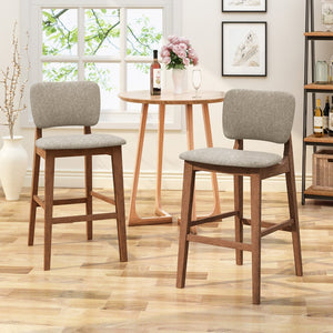 English Elm Bar Chairs Set of 2 Mid-Century Rubberwood Frame Tapered Legs Beige Upholstered Seat N772P443697B