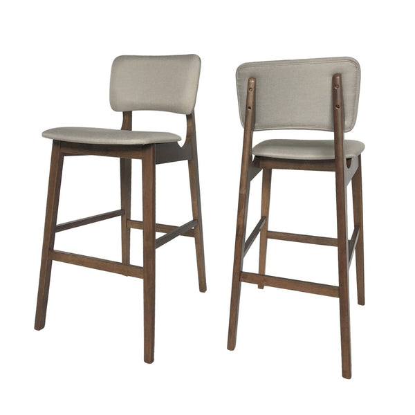 English Elm Bar Chairs Set of 2 Mid-Century Rubberwood Frame Tapered Legs Beige Upholstered Seat N772P443697B