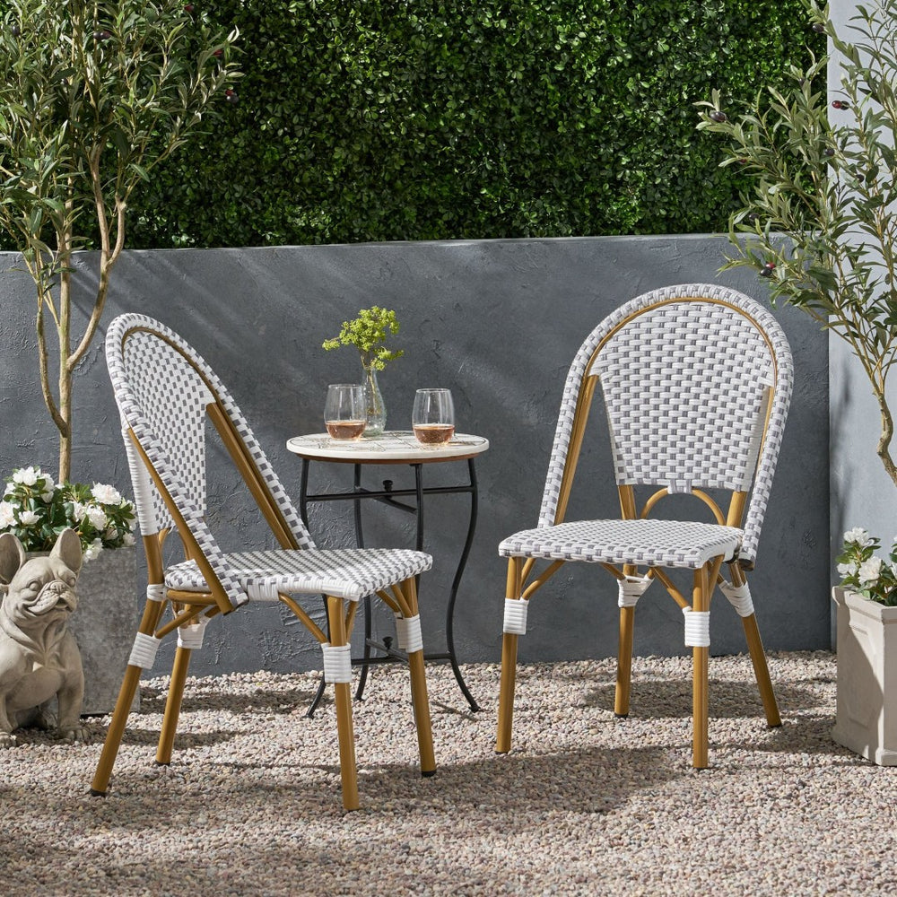 English Elm French Bistro Outdoor Chair Set of Two Woven Rattan Aluminum Patio Seating N772P451638G