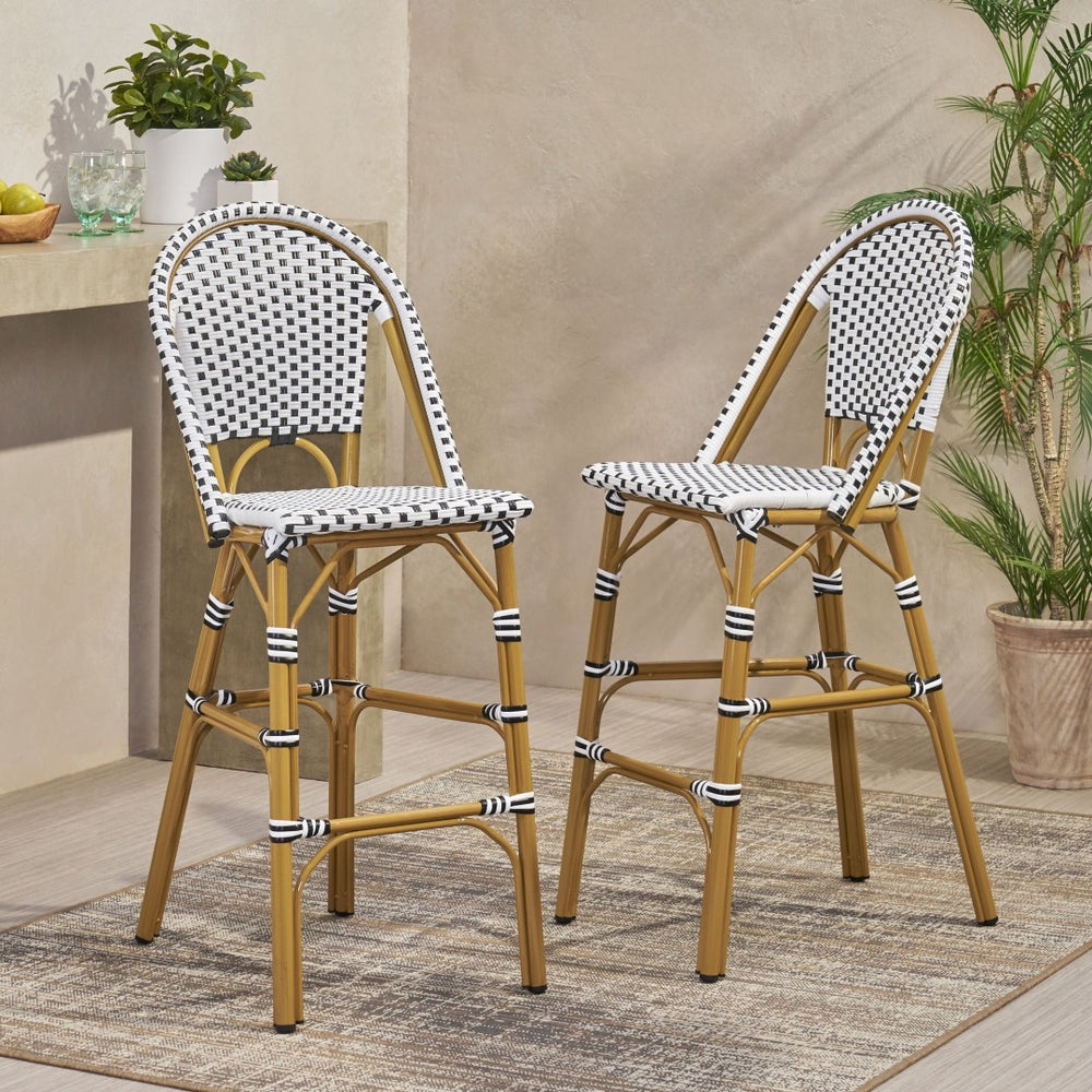 English Elm 29.5 Inch Outdoor PE Rattan Barstools French Cafe Style Aluminum Frame Set of 2 N772P452007B