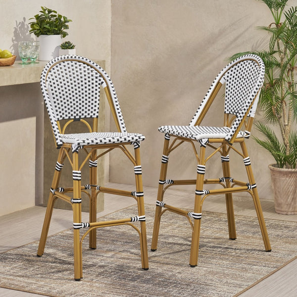 English Elm 29.5 Inch Outdoor PE Rattan Barstools French Cafe Style Aluminum Frame Set of 2 N772P452007B