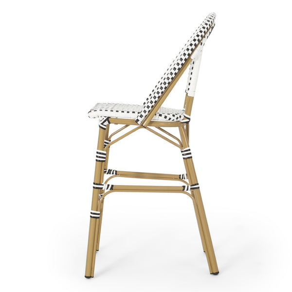 English Elm 29.5 Inch Outdoor PE Rattan Barstools French Cafe Style Aluminum Frame Set of 2 N772P452007B