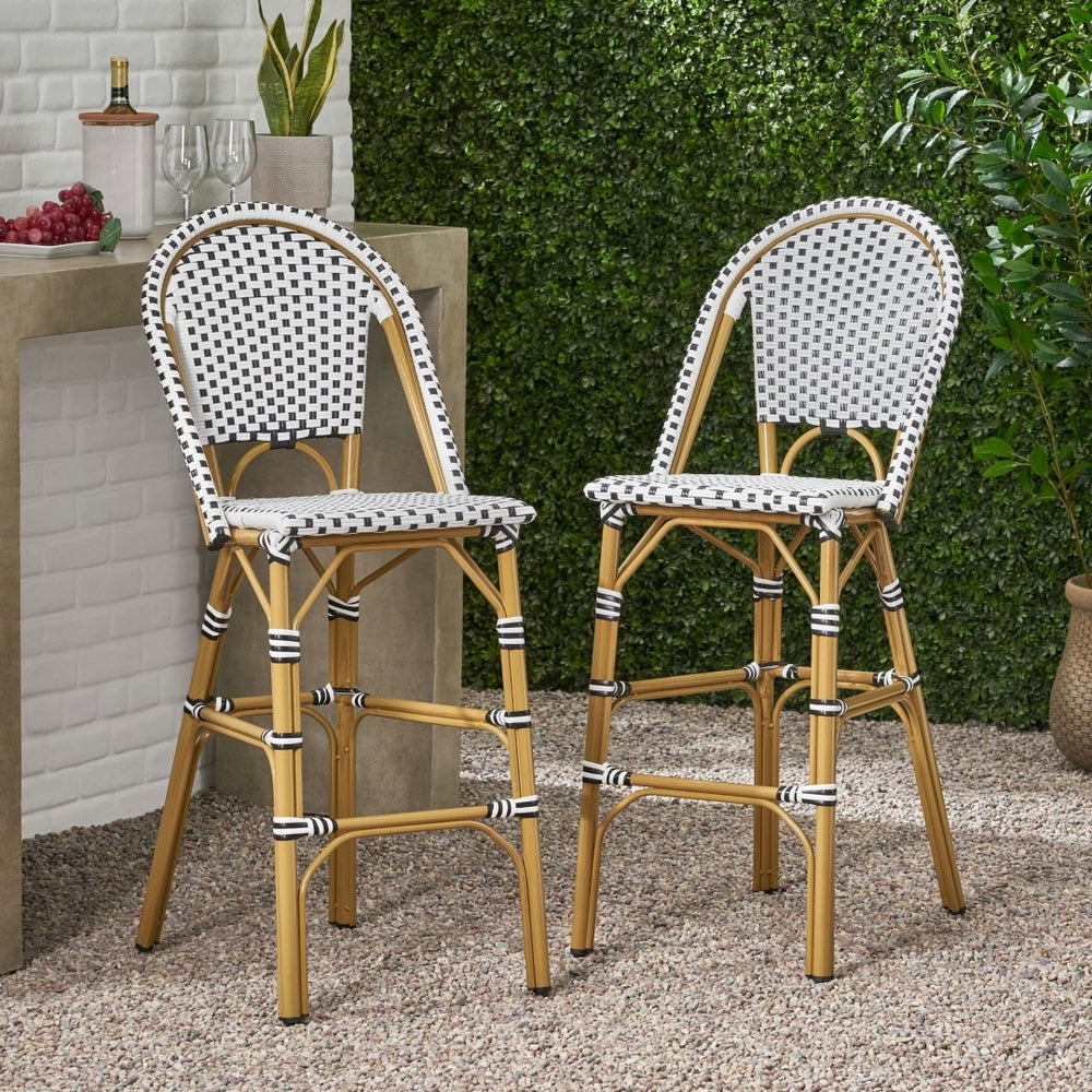 English Elm 29.5 Inch Outdoor PE Rattan Barstools French Cafe Style Aluminum Frame Set of 2 N772P452007B