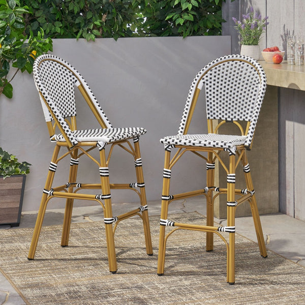 English Elm 29.5 Inch Outdoor PE Rattan Barstools French Cafe Style Aluminum Frame Set of 2 N772P452007B