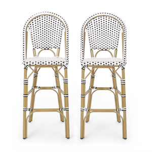 English Elm 29.5 Inch Outdoor PE Rattan Barstools French Cafe Style Aluminum Frame Set of 2 N772P452007B