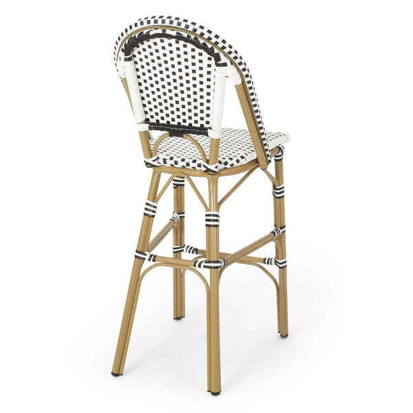 English Elm 29.5 Inch Outdoor PE Rattan Barstools French Cafe Style Aluminum Frame Set of 2 N772P452007B
