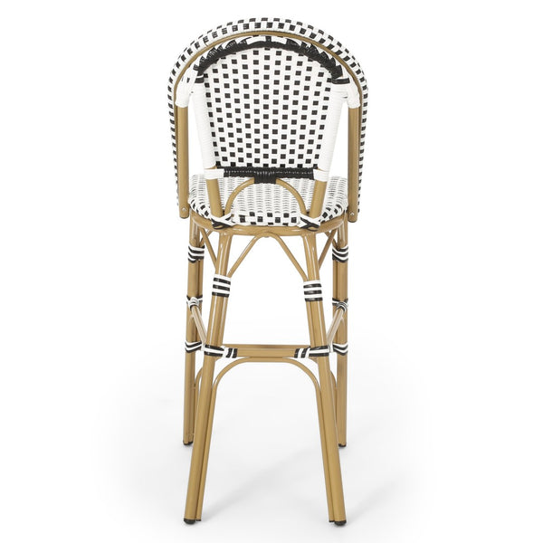 English Elm 29.5 Inch Outdoor PE Rattan Barstools French Cafe Style Aluminum Frame Set of 2 N772P452007B