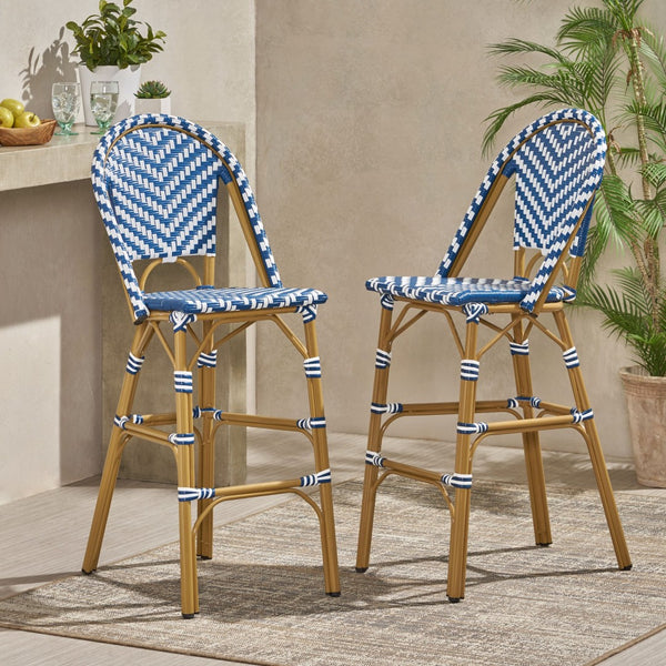 English Elm 29.5 Inch Outdoor PE Wicker Barstools Bistro Set with Aluminum Bamboo Frame 2 Piece N772P452007M