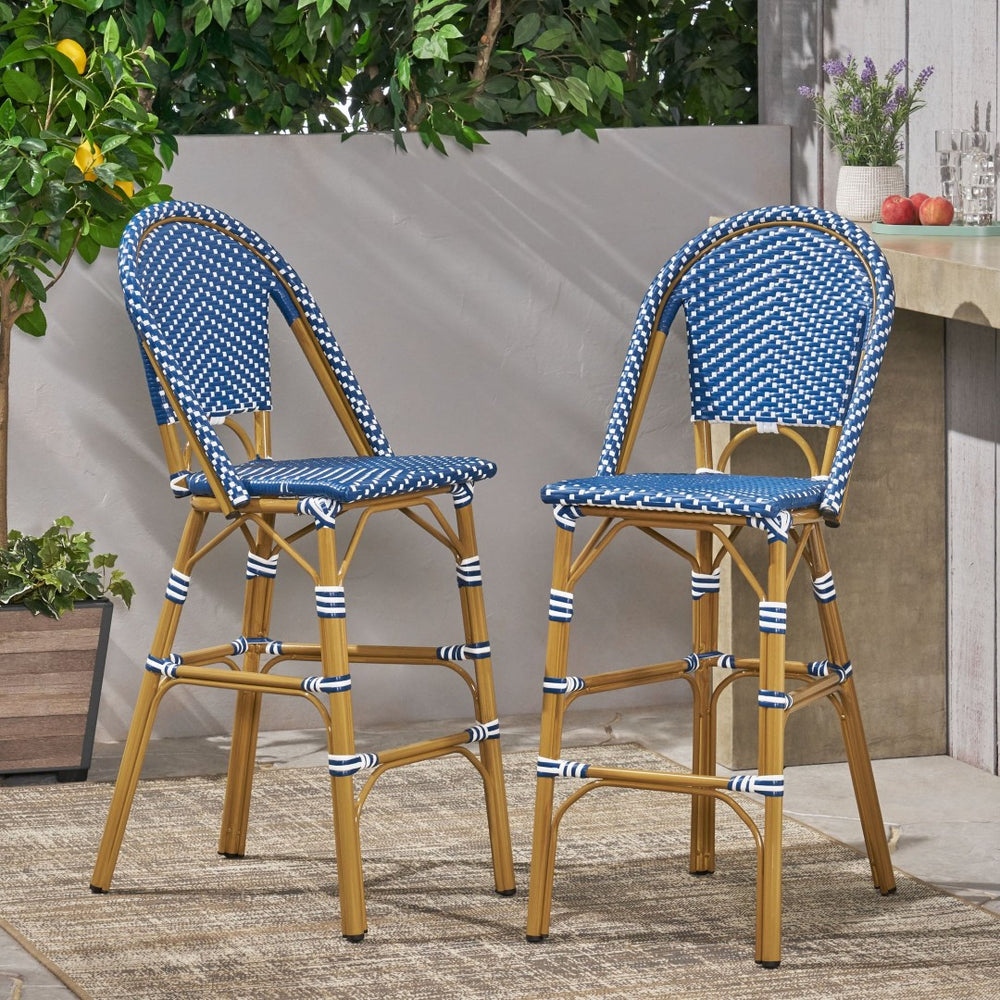 English Elm 29.5" Woven Pe Rattan Bistro Barstools Set of 2 Aluminum Frame Outdoor Patio Seating N772P452007T