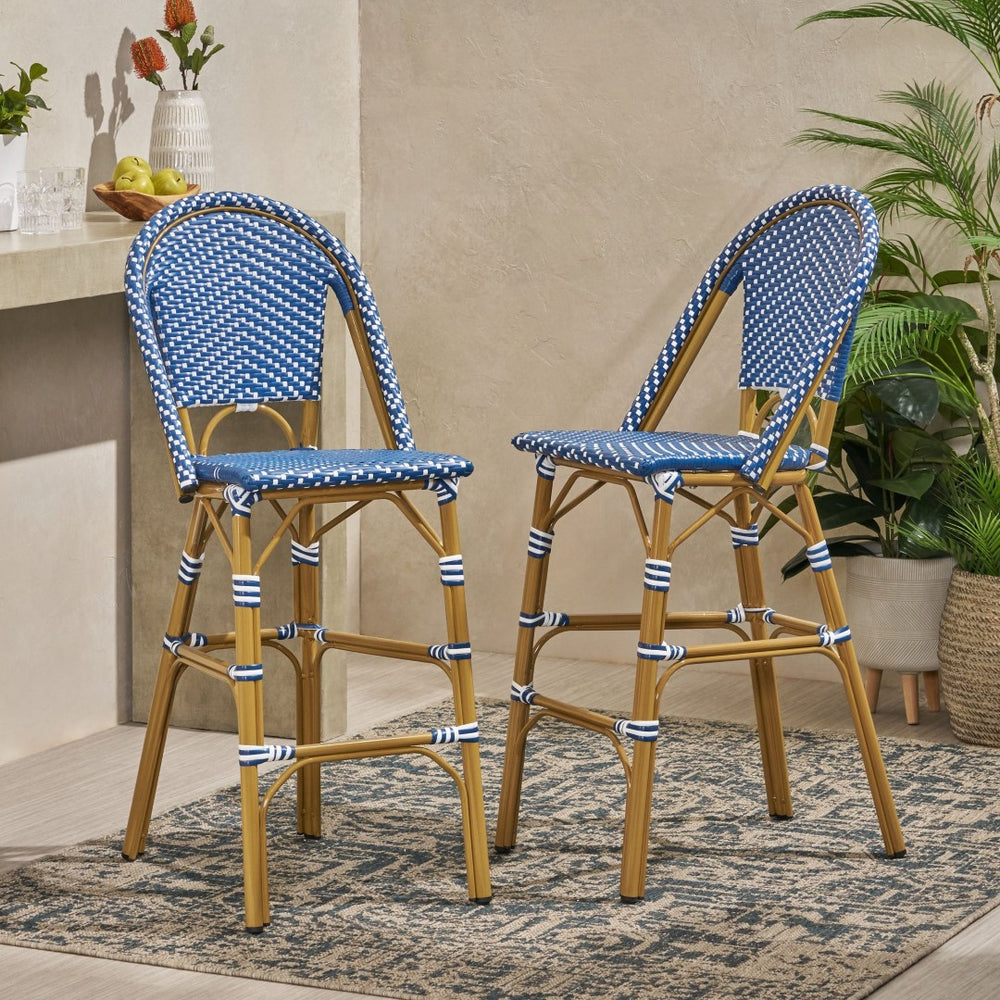 English Elm 29.5" Woven Pe Rattan Bistro Barstools Set of 2 Aluminum Frame Outdoor Patio Seating N772P452007T