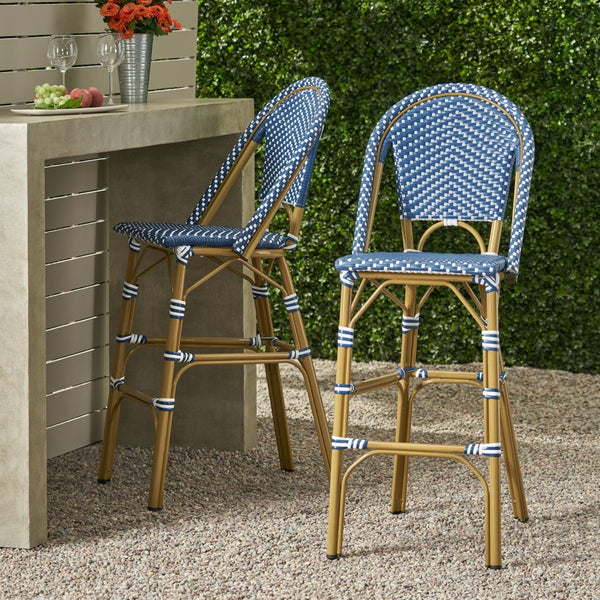 English Elm 29.5" Woven Pe Rattan Bistro Barstools Set of 2 Aluminum Frame Outdoor Patio Seating N772P452007T