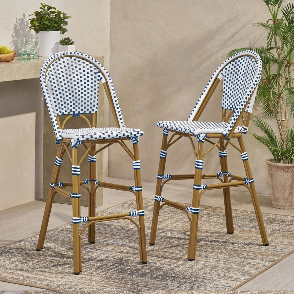 English Elm 29.5 Inch Outdoor French Bistro Barstools PE Woven Rattan Aluminum Frame Set of 2 N772P452007W