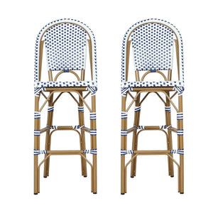 English Elm 29.5 Inch Outdoor French Bistro Barstools PE Woven Rattan Aluminum Frame Set of 2 N772P452007W