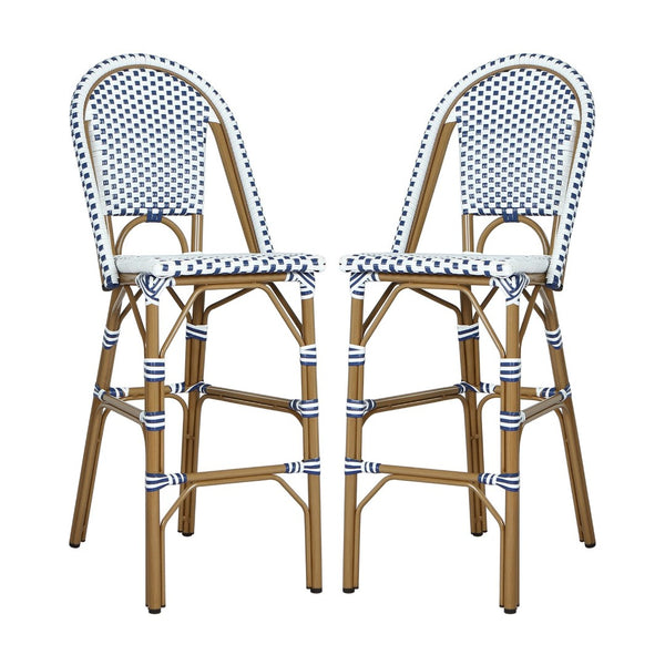 English Elm 29.5 Inch Outdoor French Bistro Barstools PE Woven Rattan Aluminum Frame Set of 2 N772P452007W