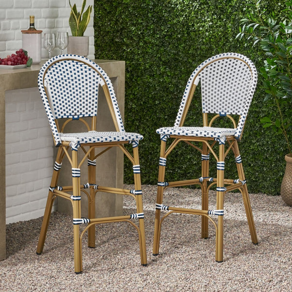 English Elm 29.5 Inch Outdoor French Bistro Barstools PE Woven Rattan Aluminum Frame Set of 2 N772P452007W