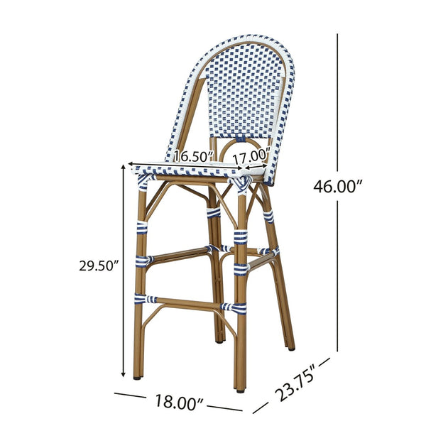 English Elm 29.5 Inch Outdoor French Bistro Barstools PE Woven Rattan Aluminum Frame Set of 2 N772P452007W