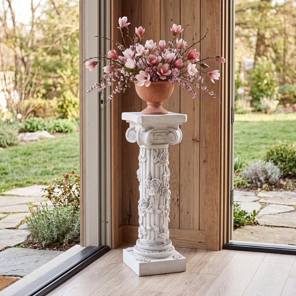 English Elm Roman Column Pedestal with Hand-carved Rose Relief Antique White Artisan Finish N772P467409A