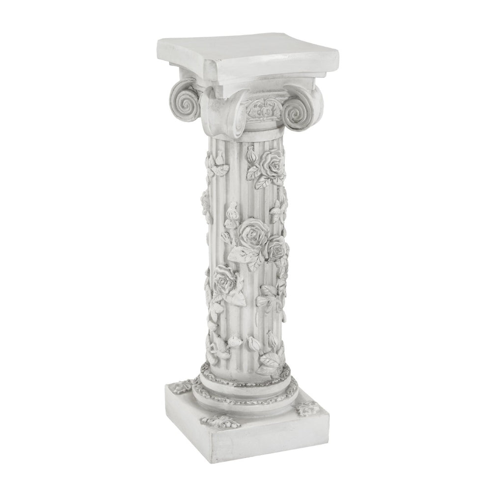 English Elm Roman Column Pedestal with Hand-carved Rose Relief Antique White Artisan Finish N772P467409A