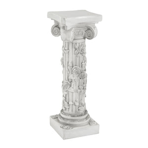 English Elm Roman Column Pedestal with Hand-carved Rose Relief Antique White Artisan Finish N772P467409A