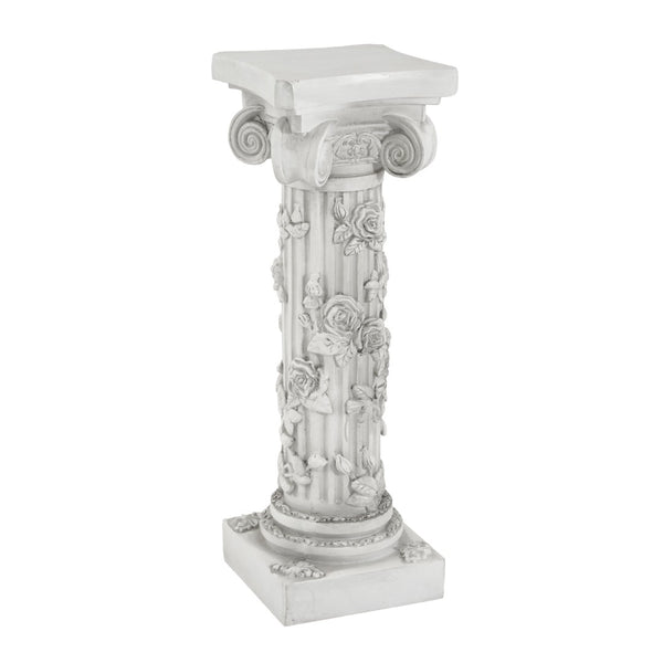 English Elm Roman Column Pedestal with Hand-carved Rose Relief Antique White Artisan Finish N772P467409A