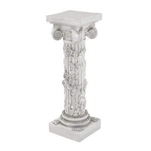 English Elm Roman Column Pedestal with Hand-carved Rose Relief Antique White Artisan Finish N772P467409A