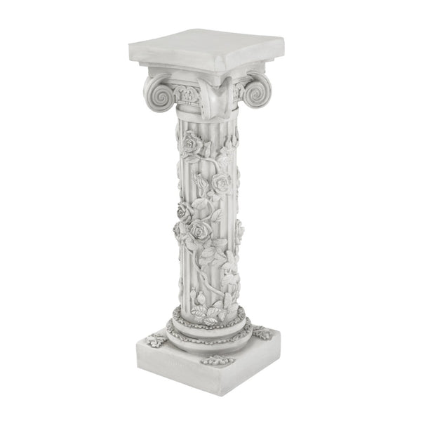 English Elm Roman Column Pedestal with Hand-carved Rose Relief Antique White Artisan Finish N772P467409A