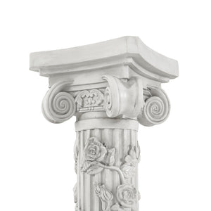 English Elm Roman Column Pedestal with Hand-carved Rose Relief Antique White Artisan Finish N772P467409A