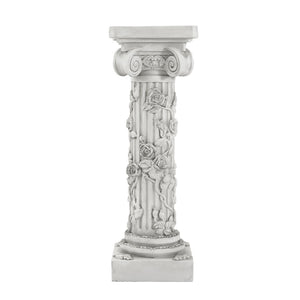 English Elm Roman Column Pedestal with Hand-carved Rose Relief Antique White Artisan Finish N772P467409A