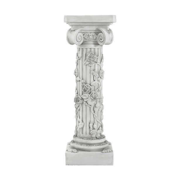 English Elm Roman Column Pedestal with Hand-carved Rose Relief Antique White Artisan Finish N772P467409A