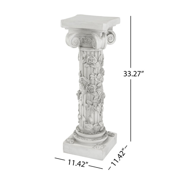 English Elm Roman Column Pedestal with Hand-carved Rose Relief Antique White Artisan Finish N772P467409A