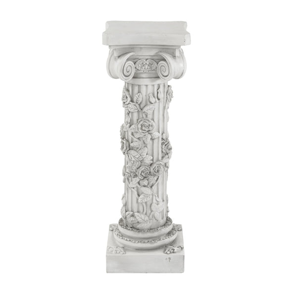 English Elm Roman Column Pedestal with Hand-carved Rose Relief Antique White Artisan Finish N772P467409A