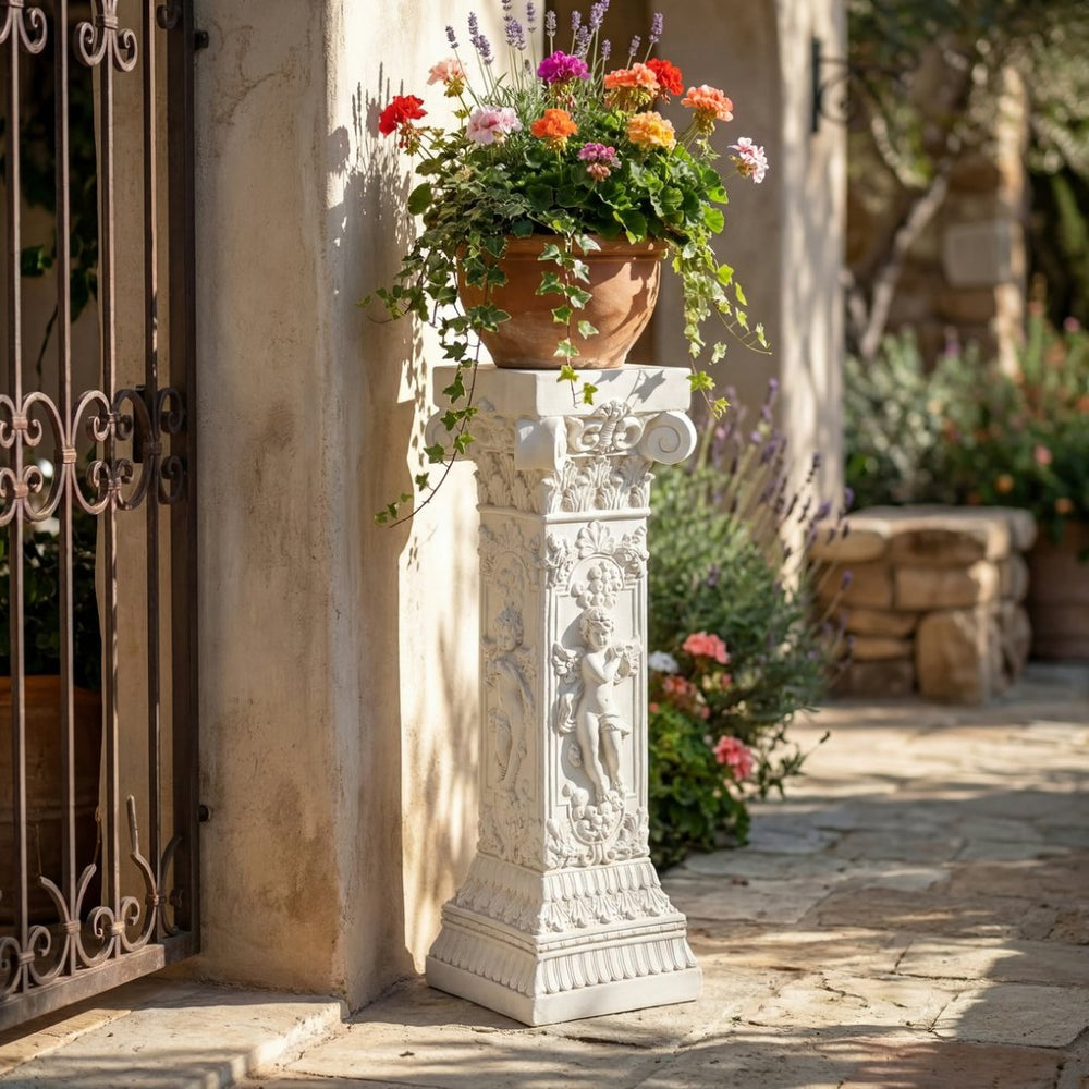 English Elm Pedestal Column Plant Stand Roman Angel Relief Mgo Sculpture for Indoor Outdoor Decor N772P467415B