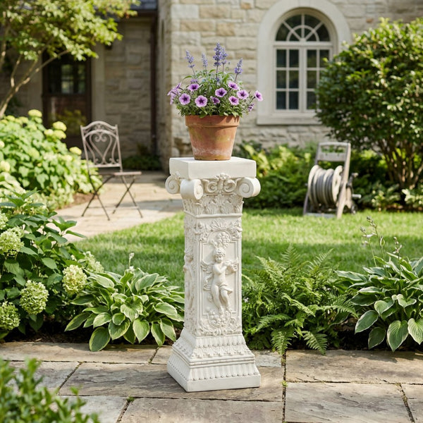 English Elm Pedestal Column Plant Stand Roman Angel Relief Mgo Sculpture for Indoor Outdoor Decor N772P467415B