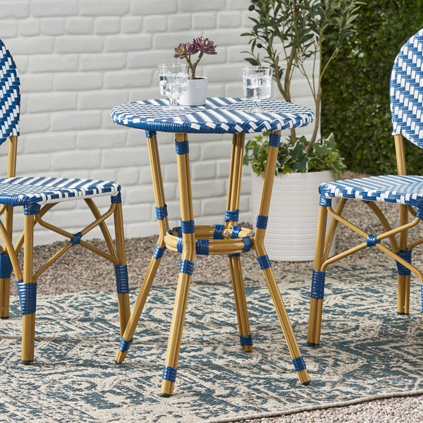 English Elm French Bistro Outdoor Accent Table with Rattan Weave and Aluminum Frame for Patio N772P473243N