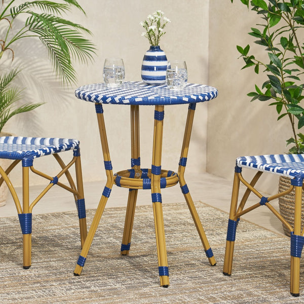 English Elm French Bistro Outdoor Accent Table with Rattan Weave and Aluminum Frame for Patio N772P473243N