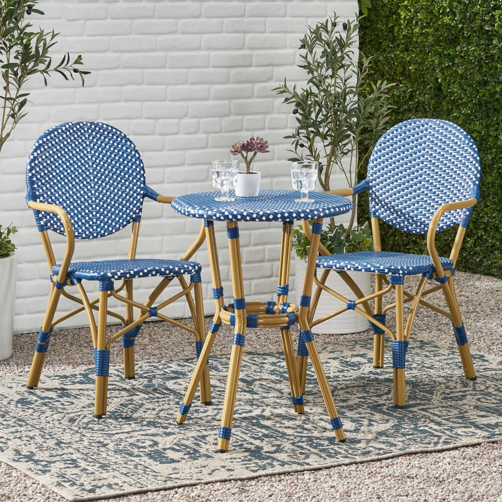 English Elm Outdoor French Bistro 3 Piece Set Woven Pe Rattan Bamboo Frame Patio Seating N772P473268D