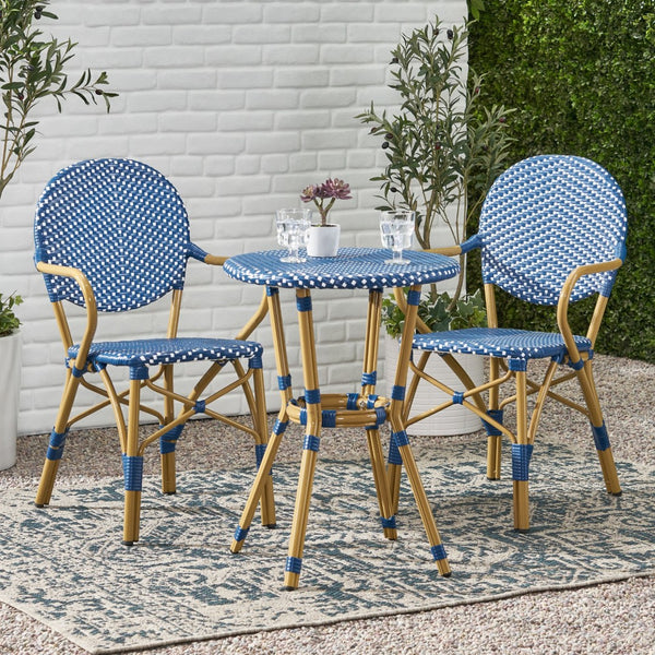 English Elm Outdoor French Bistro 3 Piece Set Woven Pe Rattan Bamboo Frame Patio Seating N772P473268D