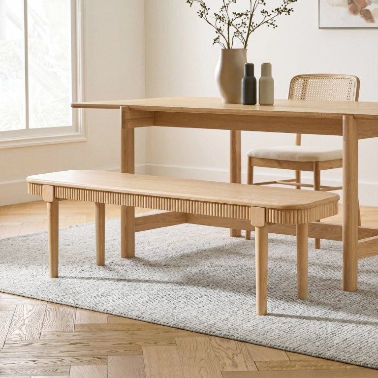English Elm 59.06 Inch Solid Wood Dining Bench with Ribbed Carved Edges and Vintage French Style N772P475440N