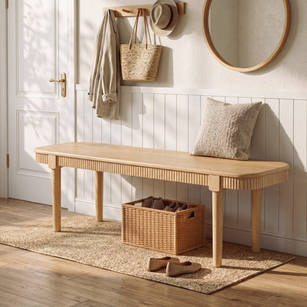 English Elm 59.06 Inch Solid Wood Dining Bench with Ribbed Carved Edges and Vintage French Style N772P475440N