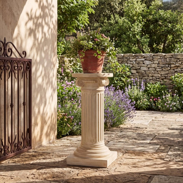 English Elm Mgo Handcrafted Column Pedestal Stand Travertine Finish Artisan Stone Texture Display N772P483907T
