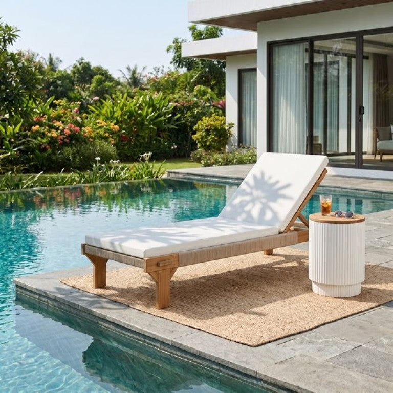 English Elm Outdoor Acacia Wood Reclining Chaise Lounge with Woven Rope Accents and MGO Side Table Light Teak, White N772P494241L_N772P408191W