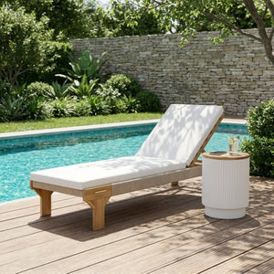 English Elm Outdoor Acacia Wood Reclining Chaise Lounge with Woven Rope Accents and MGO Side Table Light Teak, White N772P494241L_N772P408191W